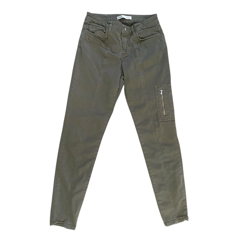 Zara Womens Army Green Cargo Style Skinny Pants Size 4 Raw Hem Detailing